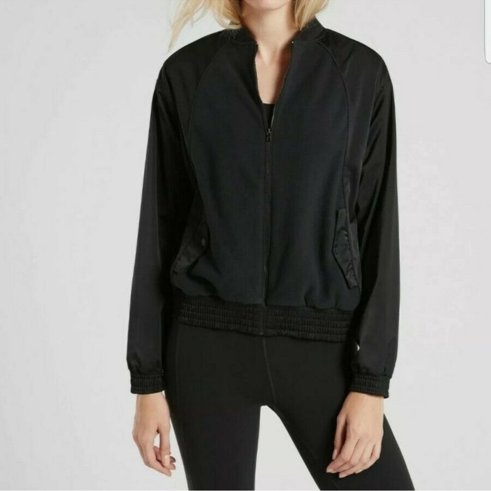 Athleta Zion Microfleece Black Full Zip Bomber Casual Varsity Jacket Size XS